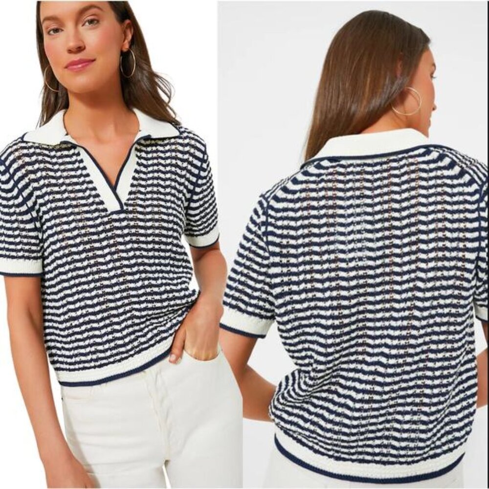 NEW Simkhai Spread Collar Short Sleeve Polo Shirt Midnight Stripe Size: XS